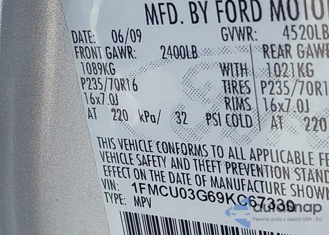 2009 Ford Escape Xlt из США, поврежденный, VIN 1FMCU03G69KC67330